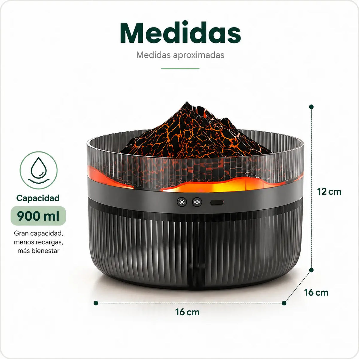 Medidas del humidificador volcán nevado con luz LED y diseño redondo compacto