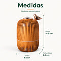 Medidas del humidificador decorativo con efecto madera, luz LED y diseño cilíndrico compacto