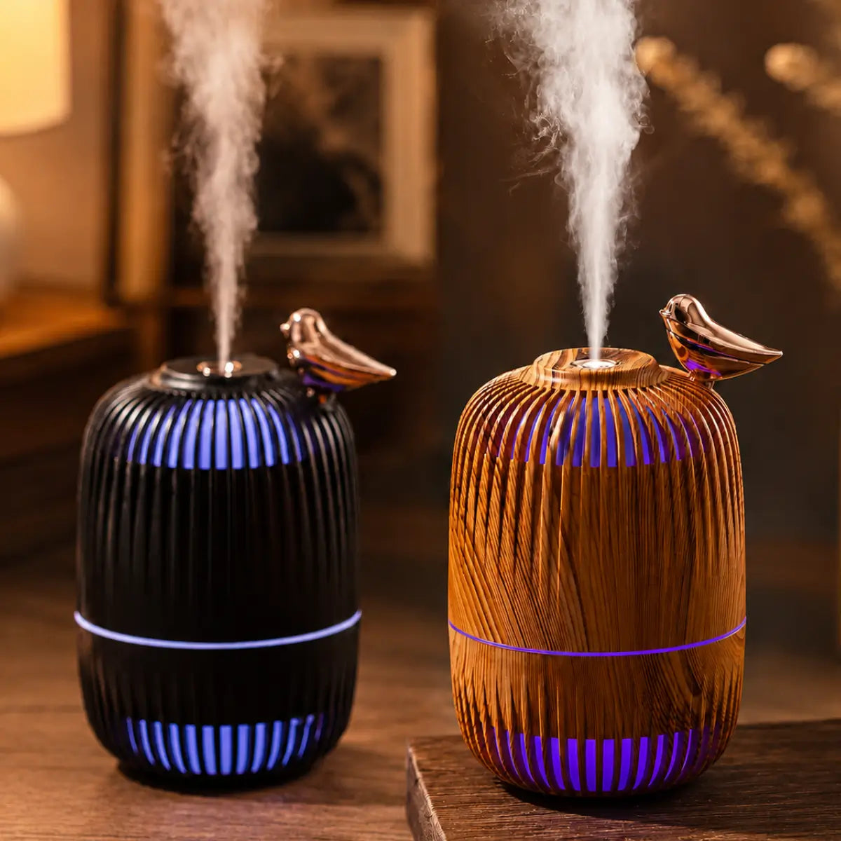 Humidificador decorativo con efecto madera, luz LED y adorno de pájaro con salida de vapor