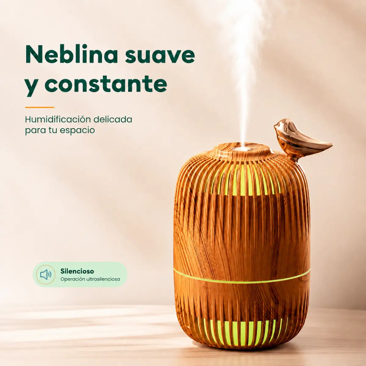 Humidificador con neblina suave y constante, acabado efecto madera y luz ambiental