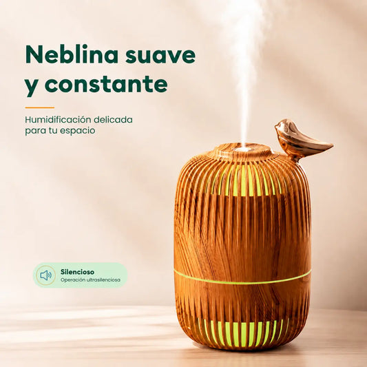 Humidificador con neblina suave y constante, acabado efecto madera y luz ambiental