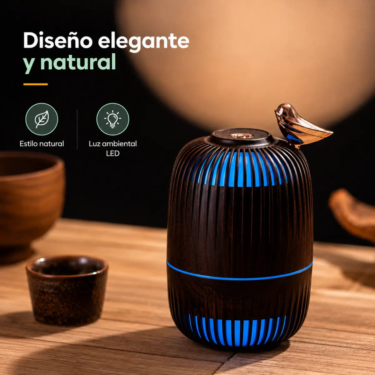 Humidificador decorativo con diseño elegante, luz LED y acabado efecto madera para el hogar