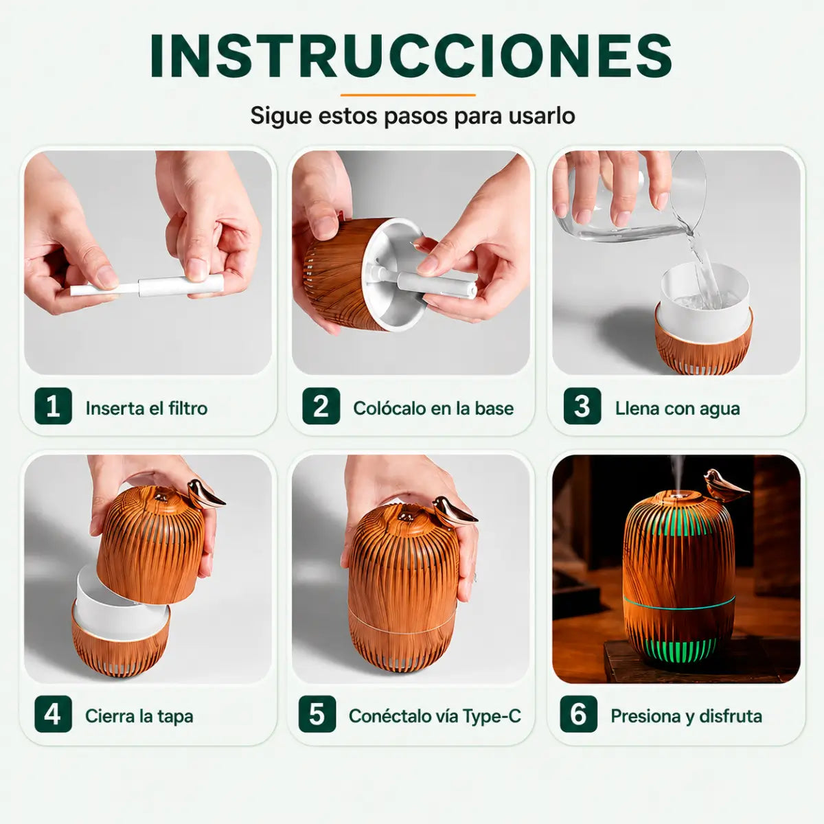 Instrucciones de uso del humidificador decorativo con vapor y luz LED