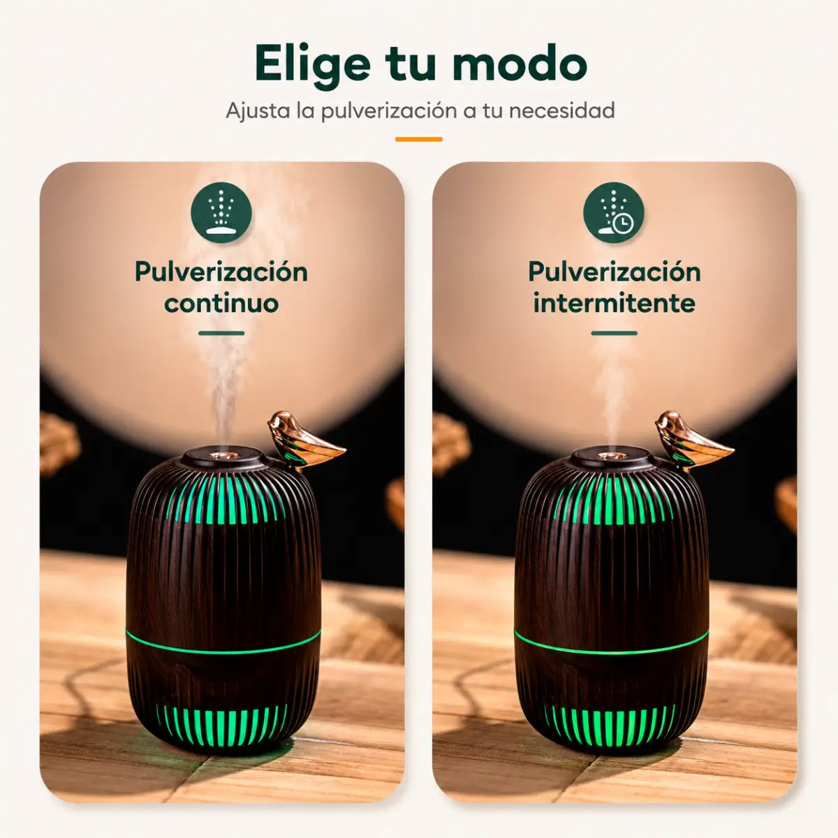 Humidificador con modos de pulverización continua e intermitente para controlar la salida de vapor