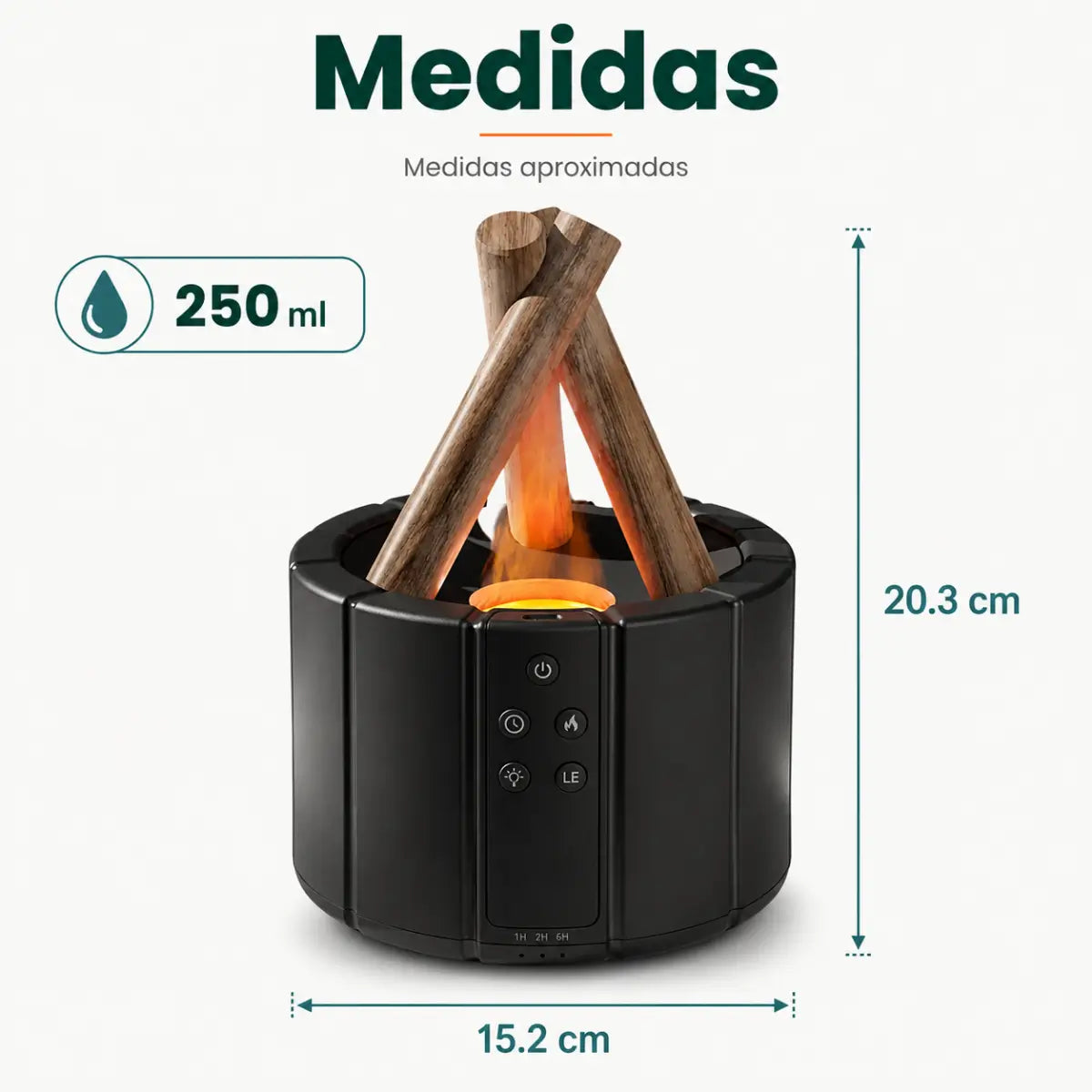 Medidas del difusor de aromaterapia con efecto llama LED y diseño compacto
