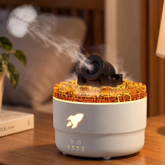 Humidificador con cañón de niebla, luz LED cálida y diseño decorativo para el hogar