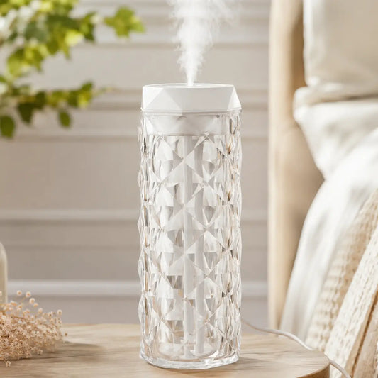 Humidificador efecto cristal con luz LED y diseño cilíndrico decorativo para el hogar