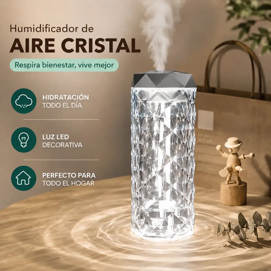 Humidificador con efecto cristal y luz ambiental para crear un ambiente cálido y relajante