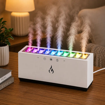 Humidificador con pulverización al ritmo de la música, múltiples salidas de vapor y luces LED de colores