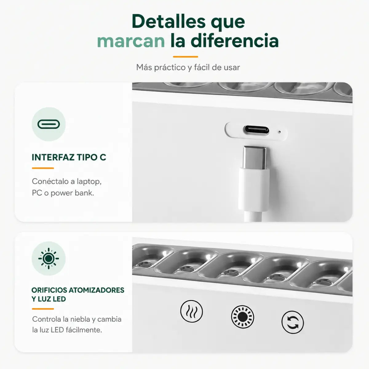 Humidificador de vapor con múltiples boquillas, iluminación LED y diseño rectangular moderno