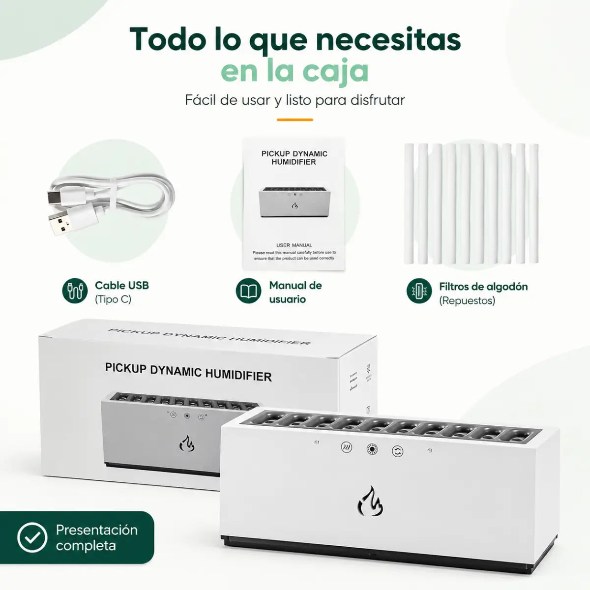 Humidificador decorativo con accesorios incluidos para su funcionamiento y uso diario