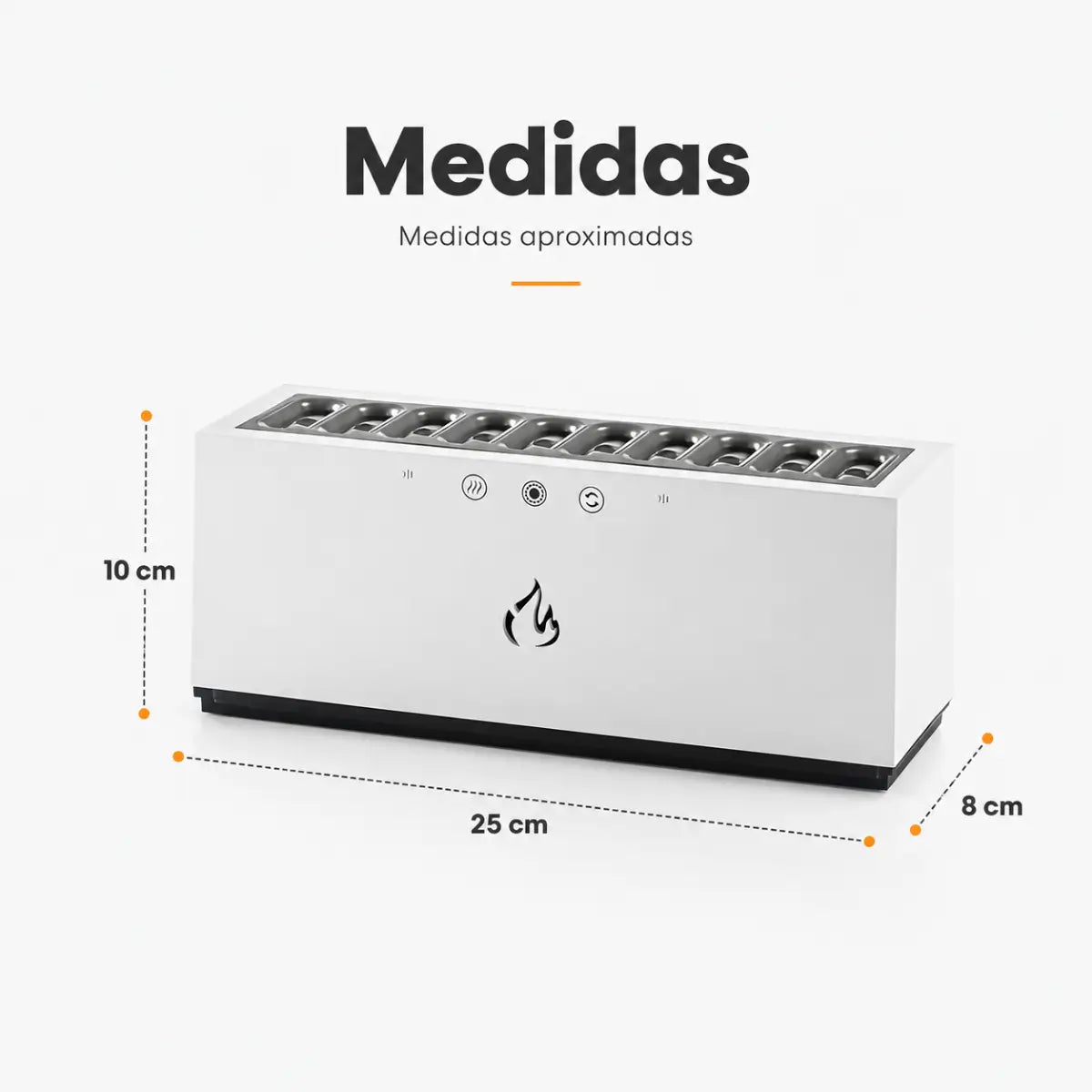 Medidas del humidificador musical con múltiples salidas de vapor y diseño rectangular compacto