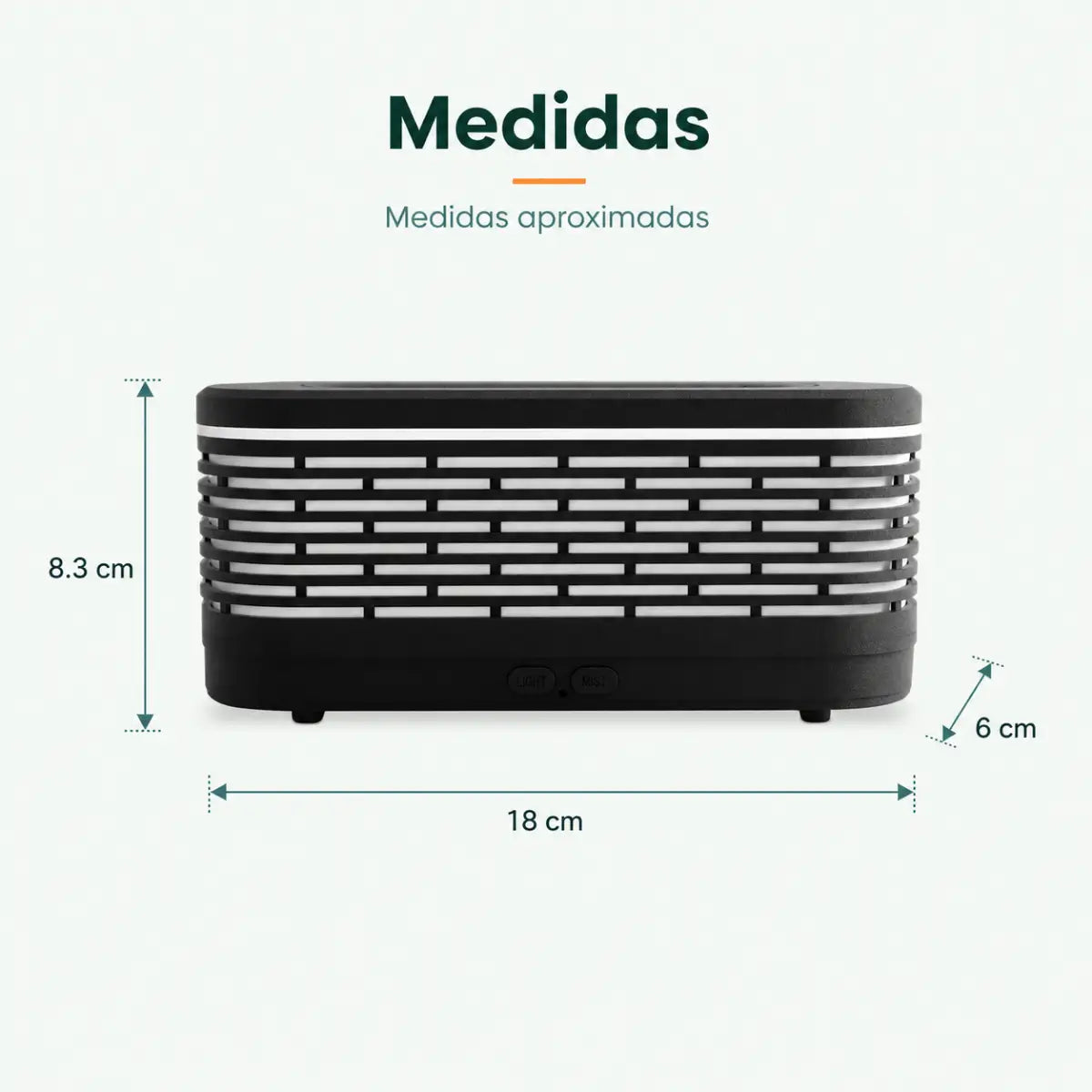 Medidas del humidificador con efecto llama LED y diseño rectangular compacto