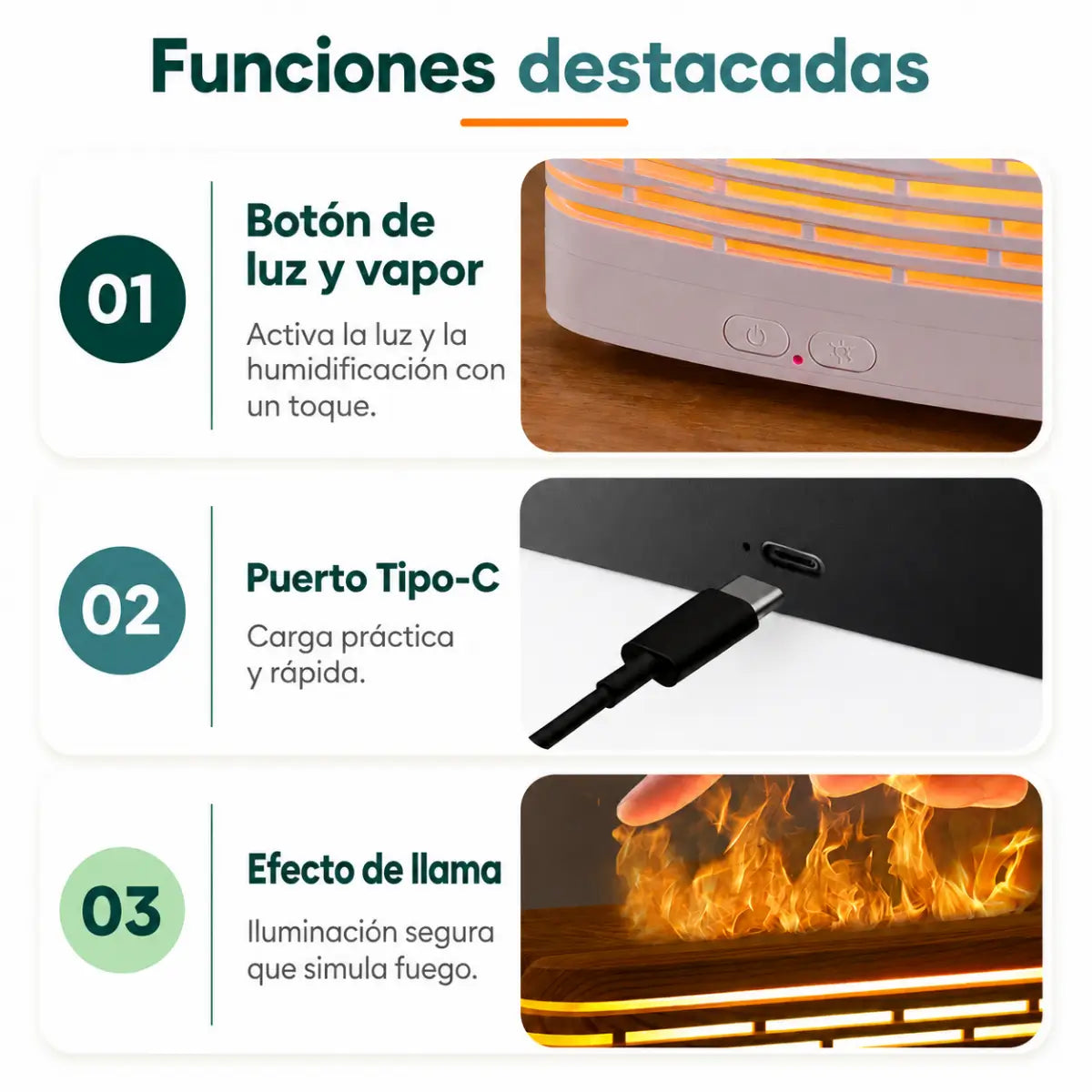 Humidificador con efecto llama, salida de vapor y funciones prácticas para aromaterapia