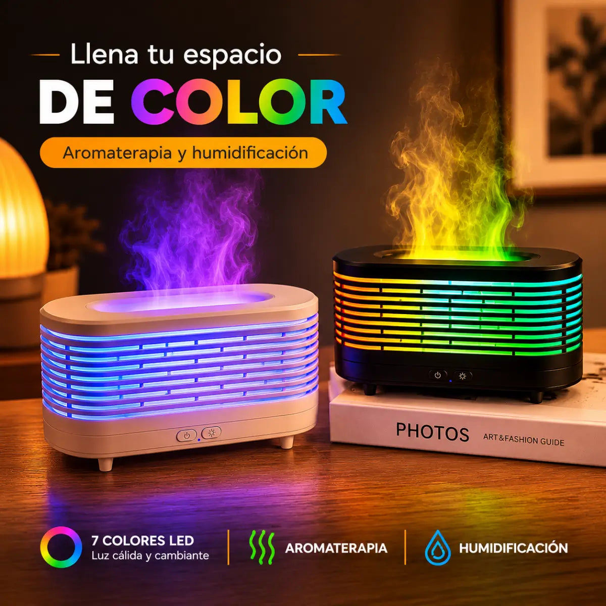 Humidificador con efecto llama LED disponible en diferentes colores de iluminación