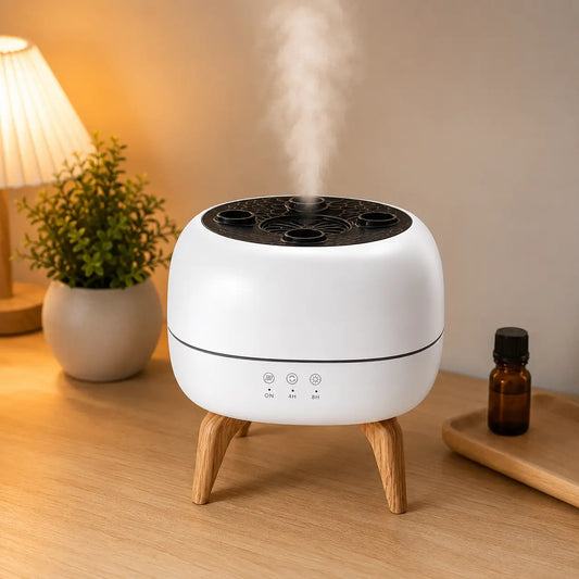 Humidificador decorativo blanco con patas de madera, salida de vapor y luz ambiental