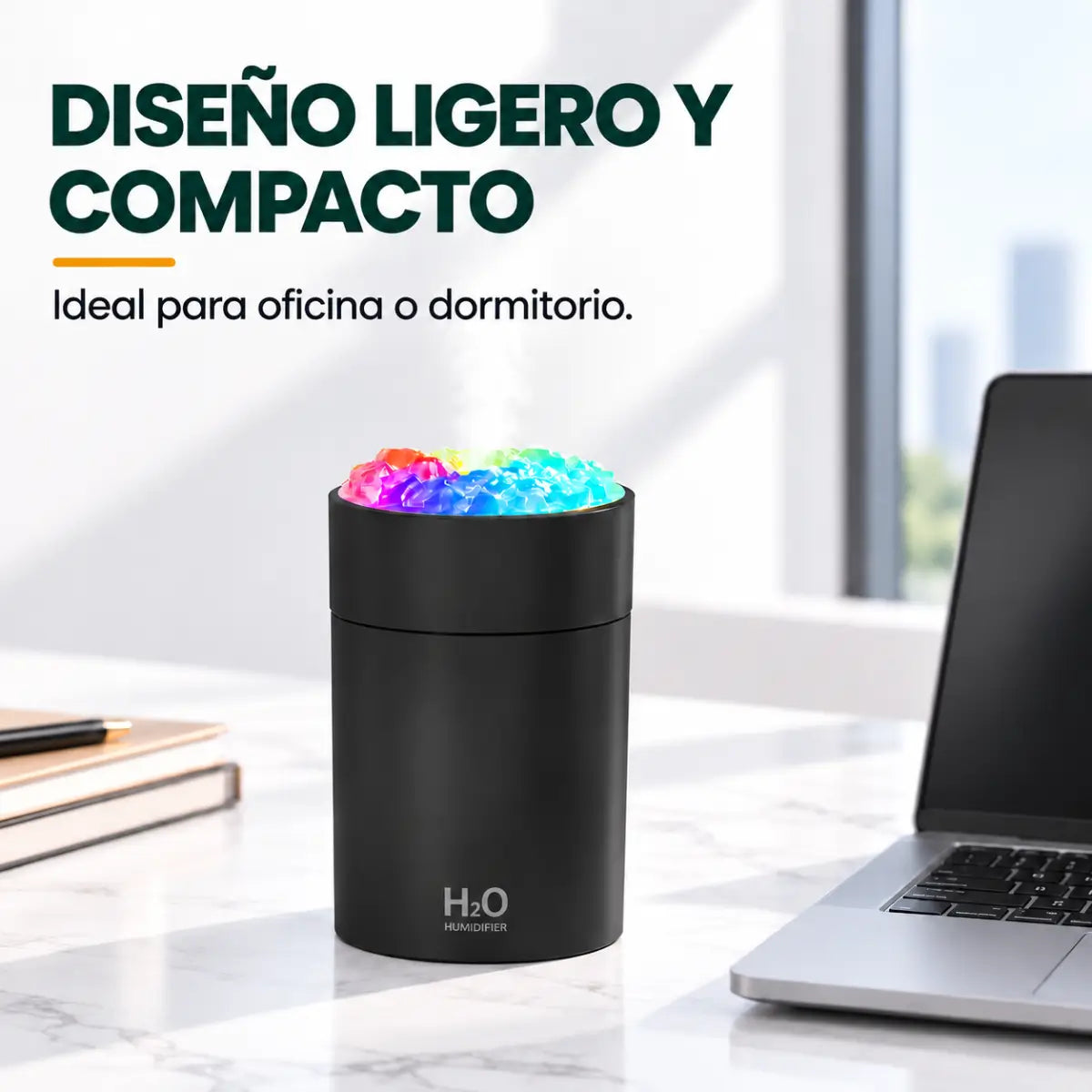 Humidificador ligero y compacto con luz LED multicolor para escritorio o dormitorio