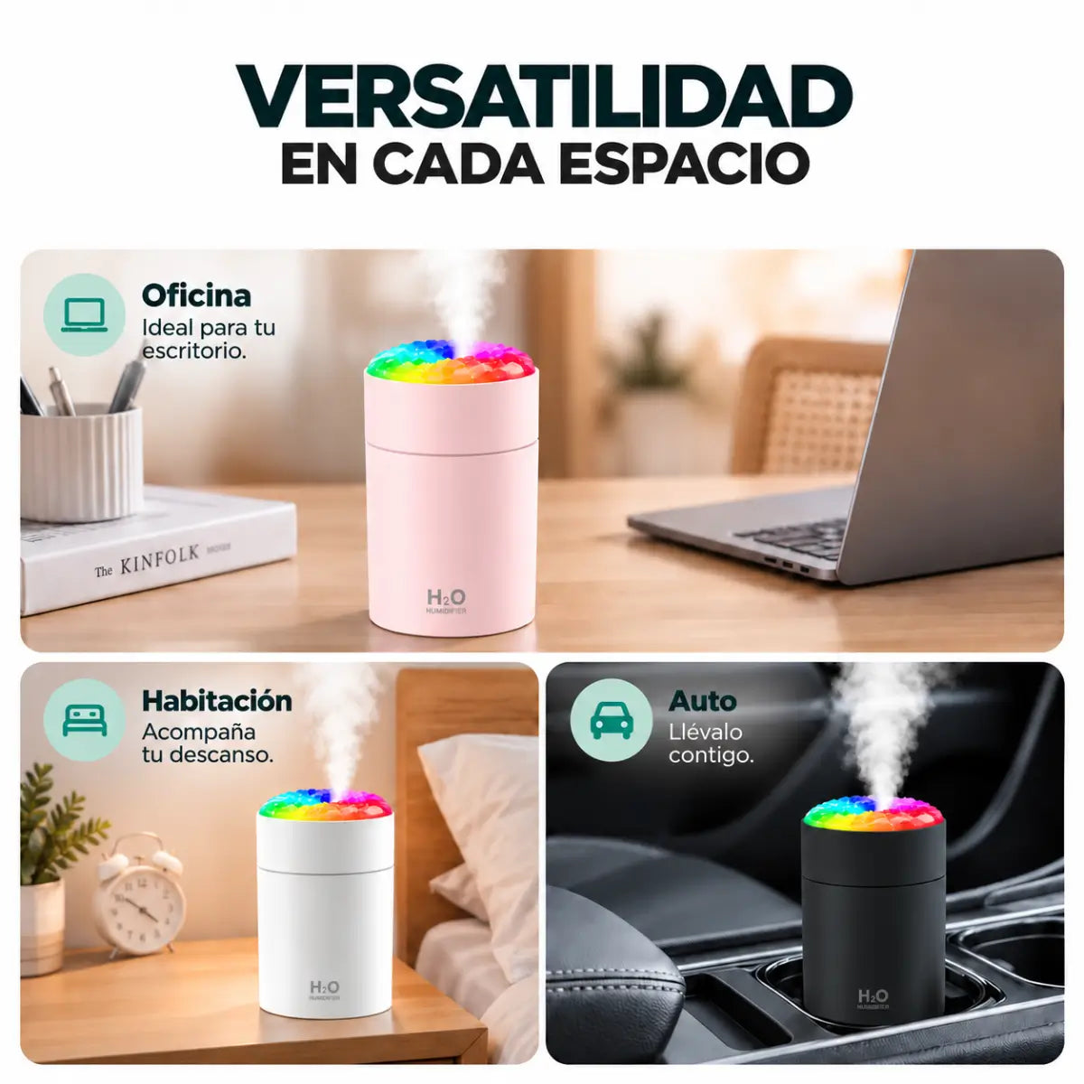 Humidificador portátil para dormitorio, oficina, escritorio y auto con diseño compacto