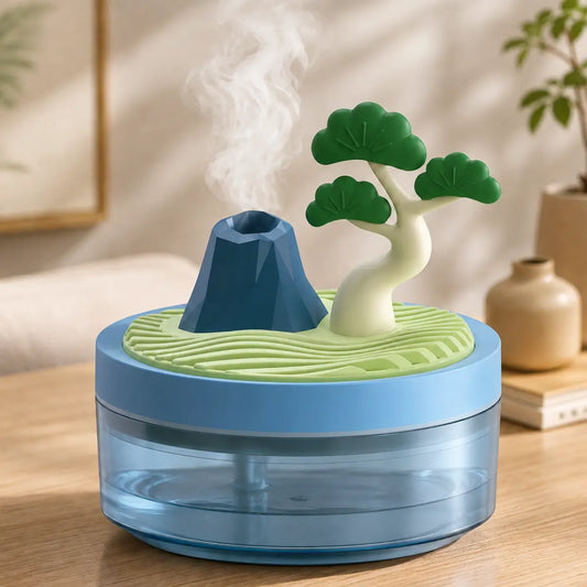 Humidificador decorativo con efecto volcán y diseño de bonsái para ambientar el hogar