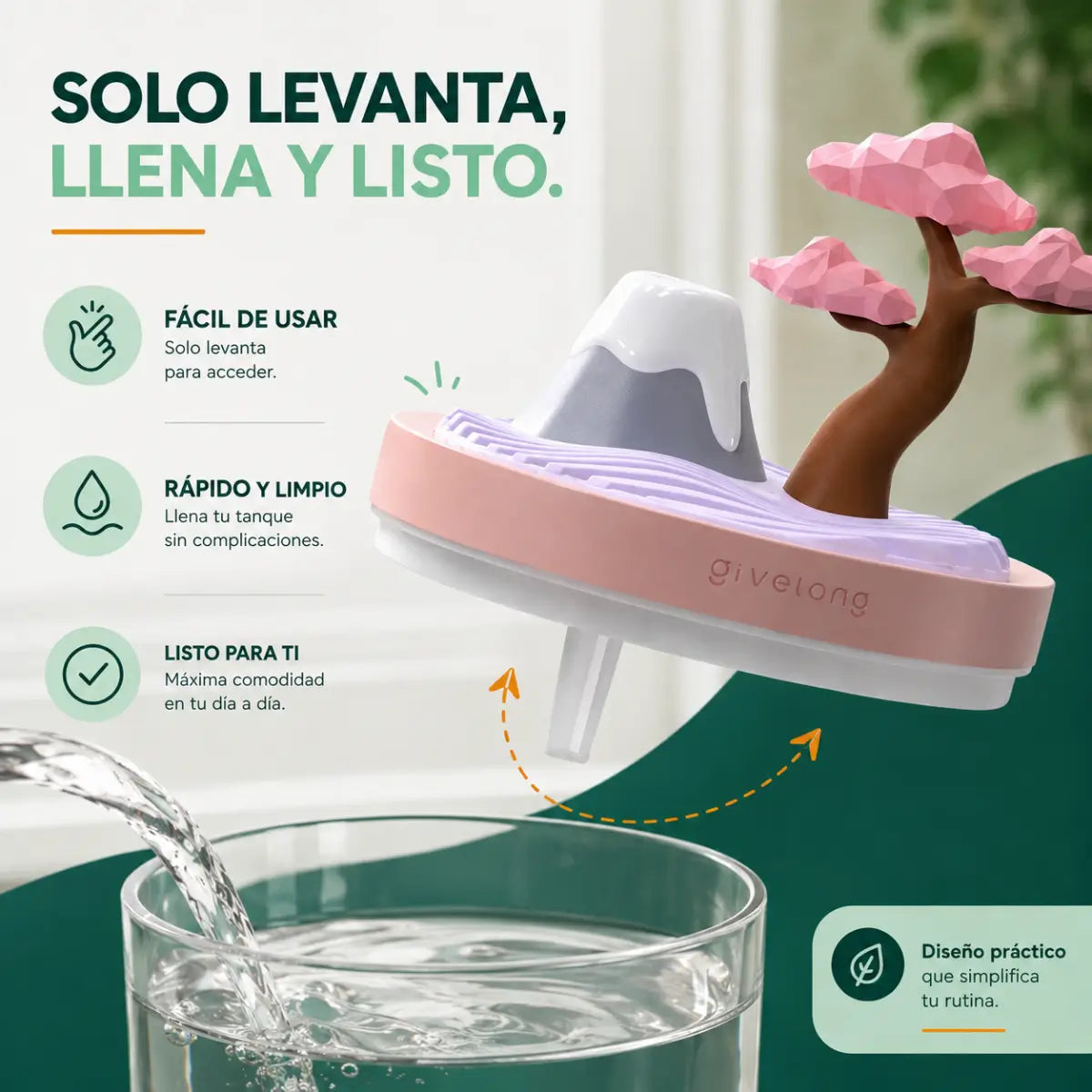 Humidificador decorativo con depósito desmontable fácil de levantar, llenar y colocar