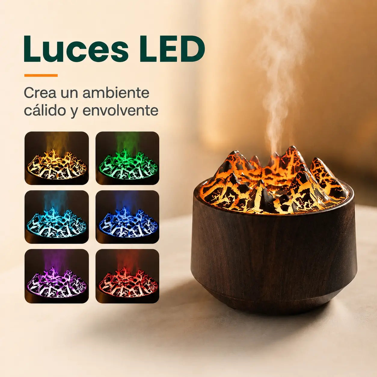 Humidificador efecto montaña con luces LED de diferentes colores y vapor ambiental