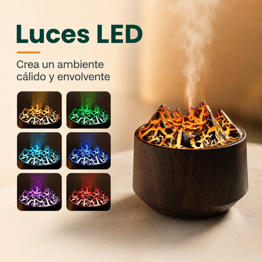Humidificador efecto montaña con luces LED de diferentes colores y vapor ambiental