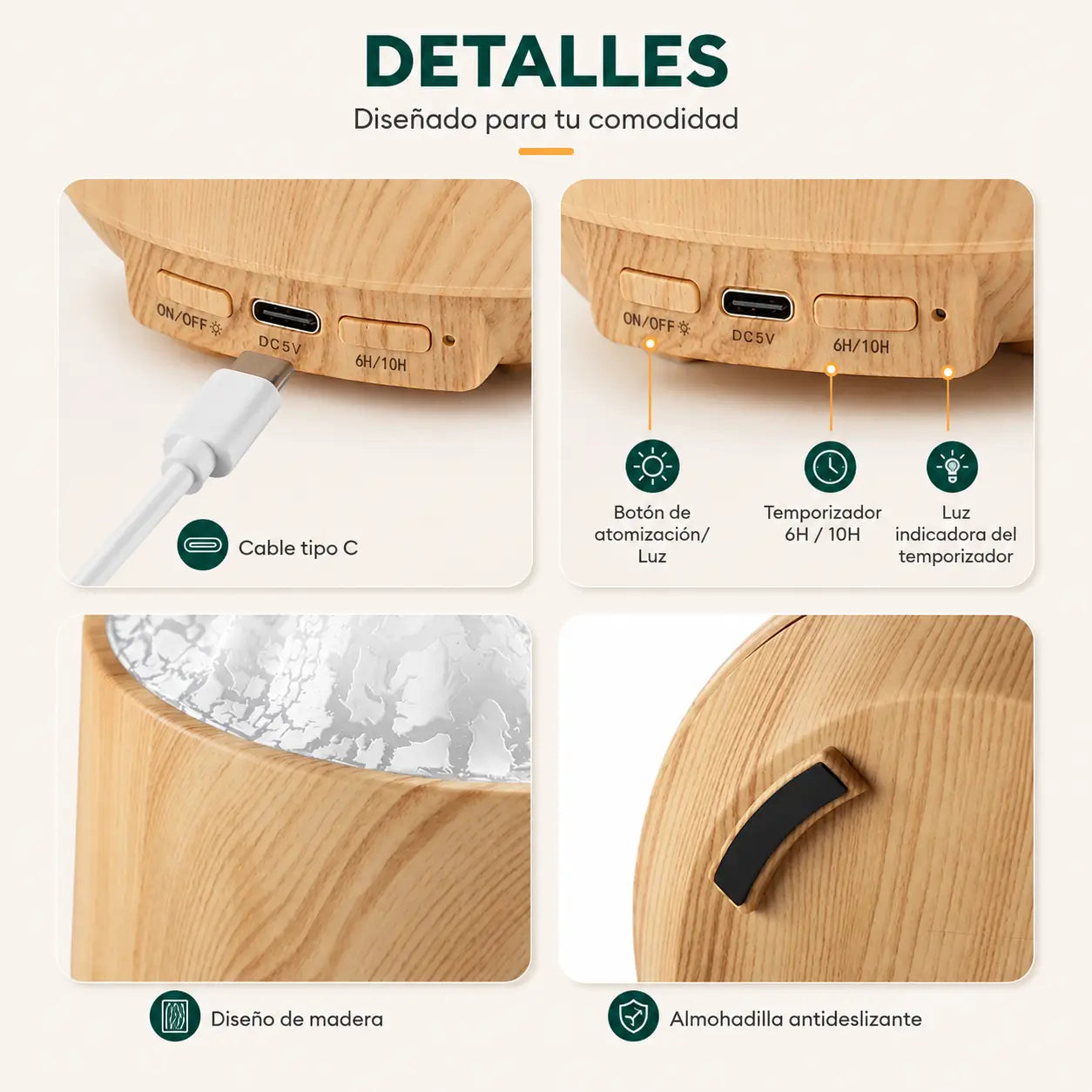 Detalles del humidificador con acabado efecto madera, controles integrados y diseño de montaña