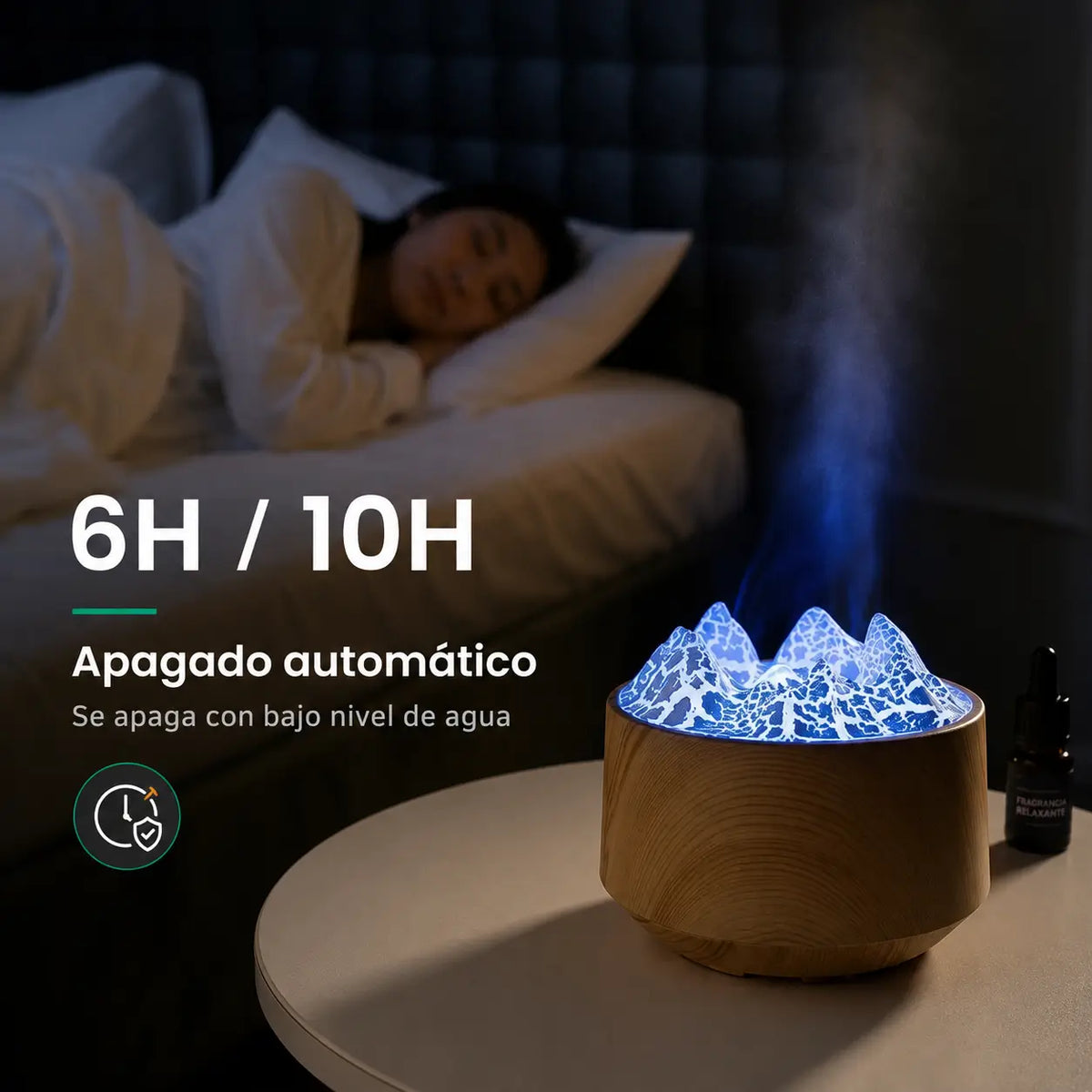 Humidificador con efecto montaña LED y apagado automático programable de 6 y 10 horas
