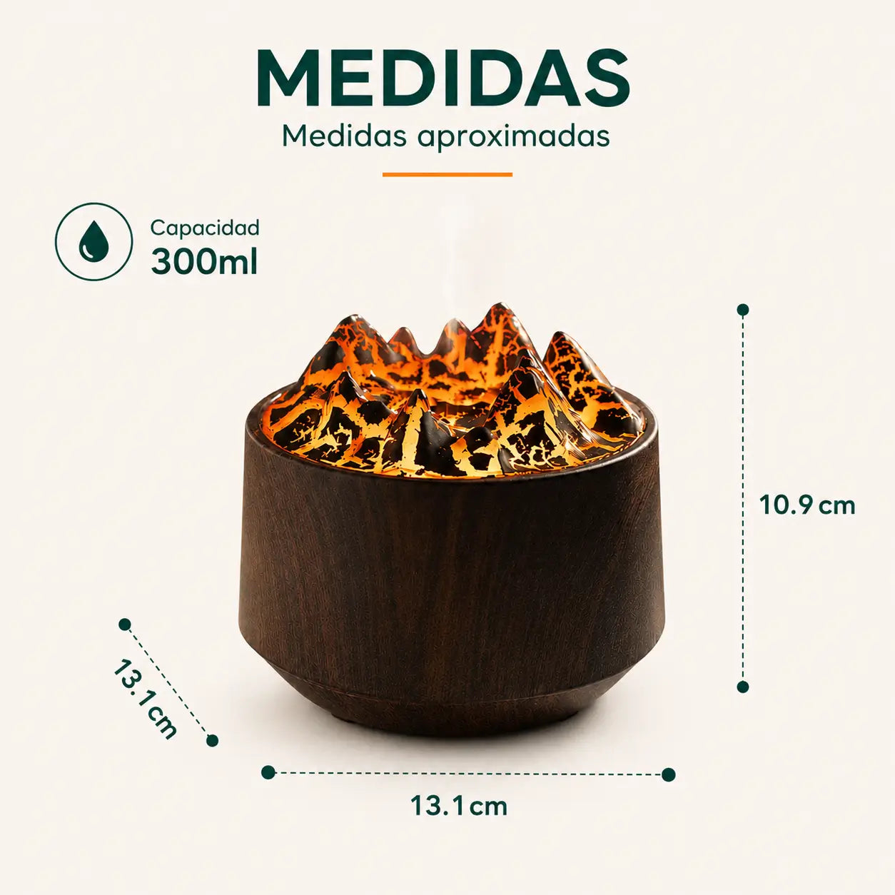Medidas del humidificador efecto montaña con luz LED y diseño redondo compacto