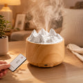 Humidificador efecto montaña con luz LED, salida de vapor y acabado efecto madera