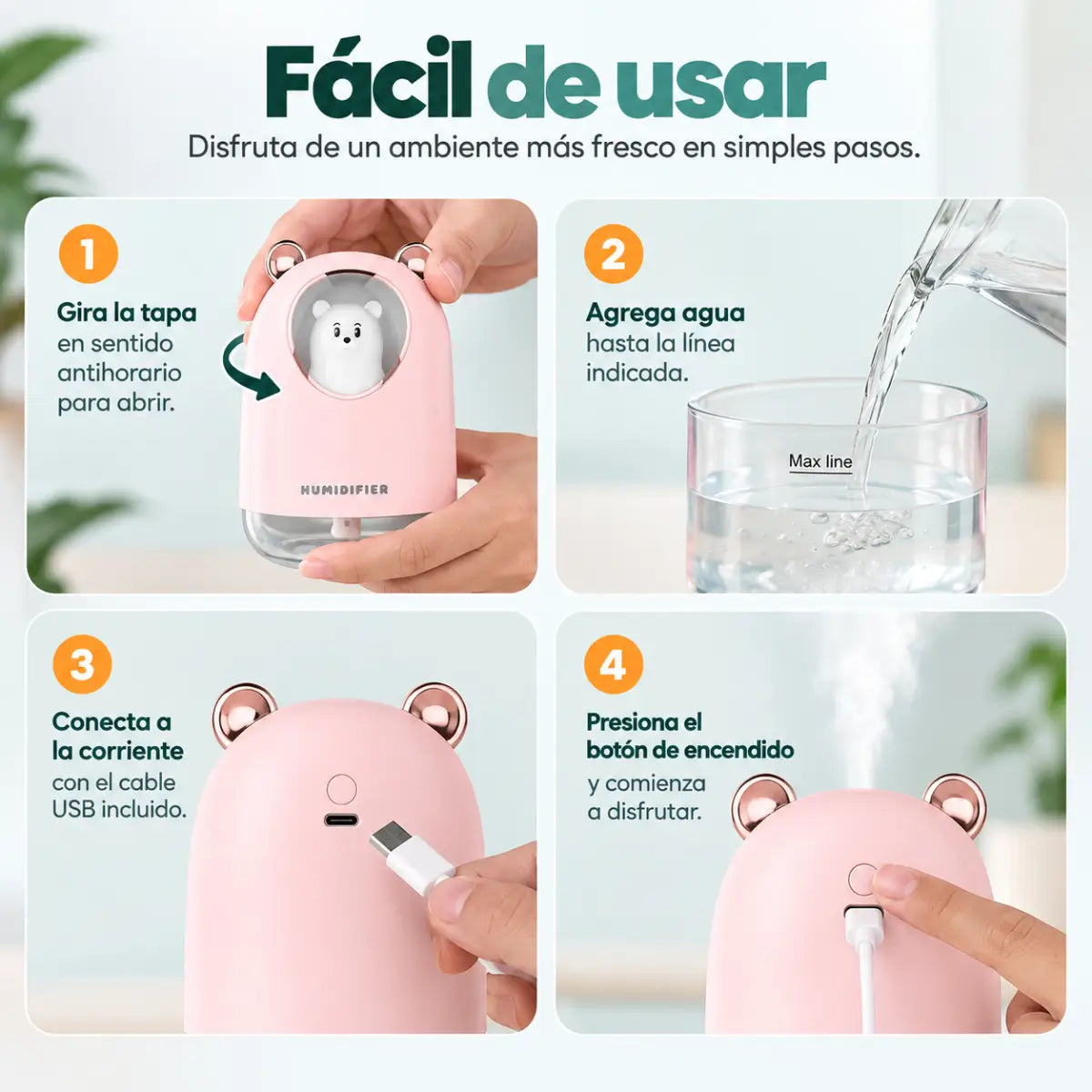 Humidificador portátil fácil de usar con controles prácticos para la salida de vapor y luz