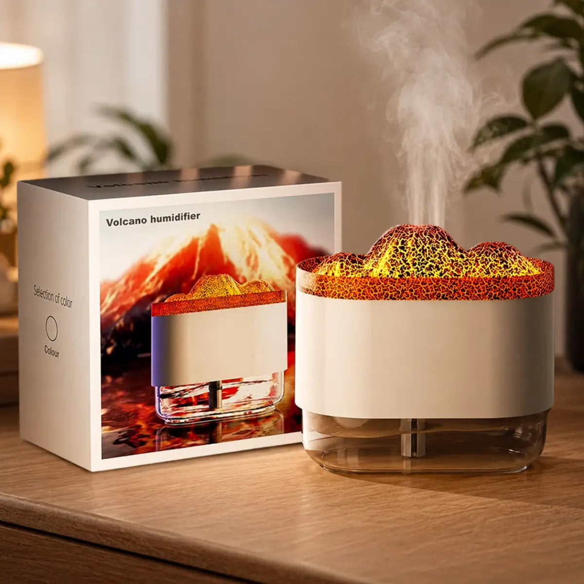 Humidificador con efecto volcán LED y vapor decorativo para ambientar el hogar