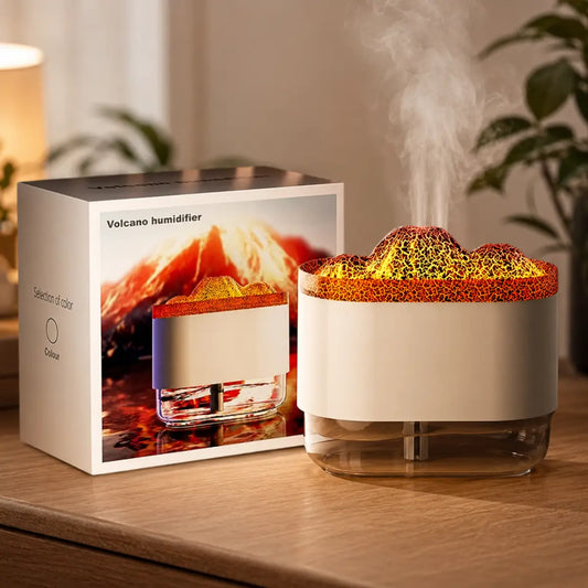 Humidificador con efecto volcán LED y vapor decorativo para ambientar el hogar