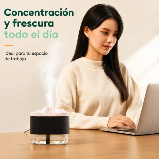 Humidificador decorativo con efecto volcán utilizado sobre escritorio para mantener un ambiente agradable