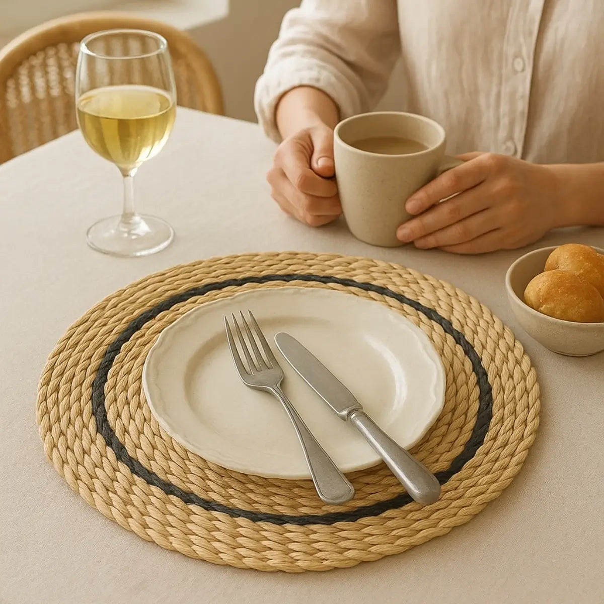 Individual redondo de fibra natural con vajilla y cubiertos para mesa de comedor