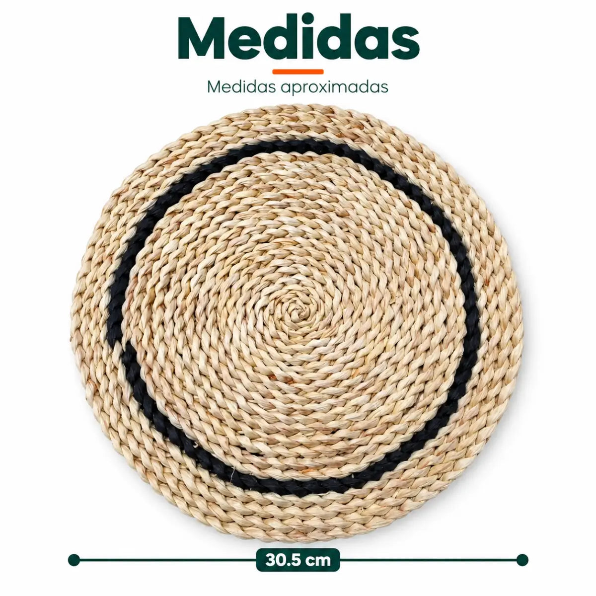 Medidas del individual de mesa redondo tejido con borde oscuro y flecos
