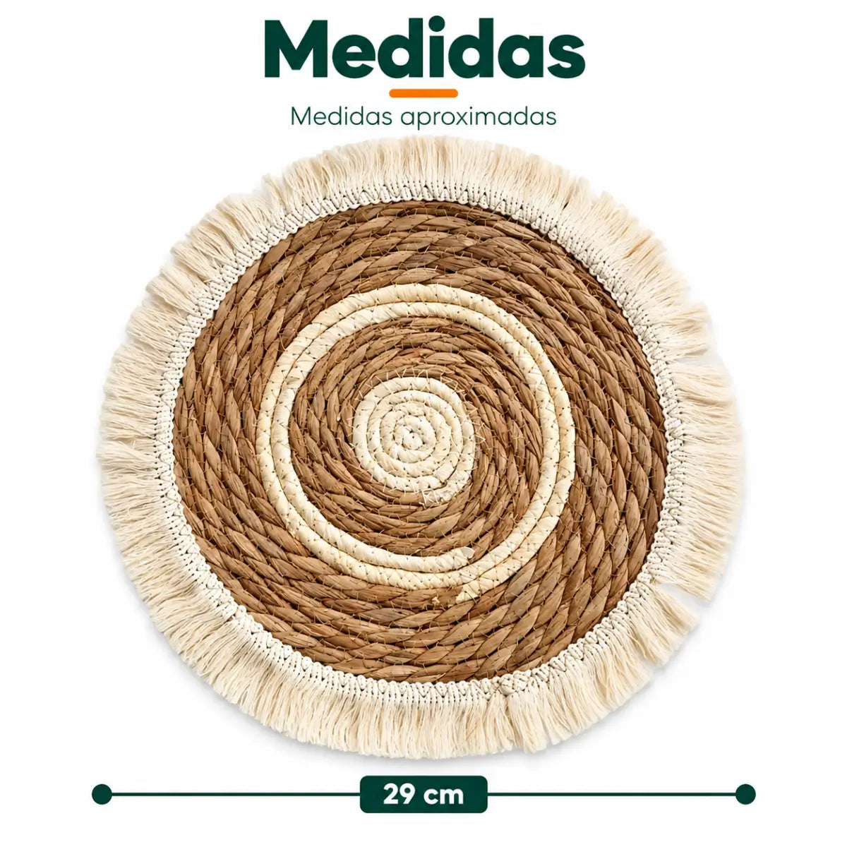 Medidas del individual de mesa redondo de fibra natural con diseño tejido en círculos