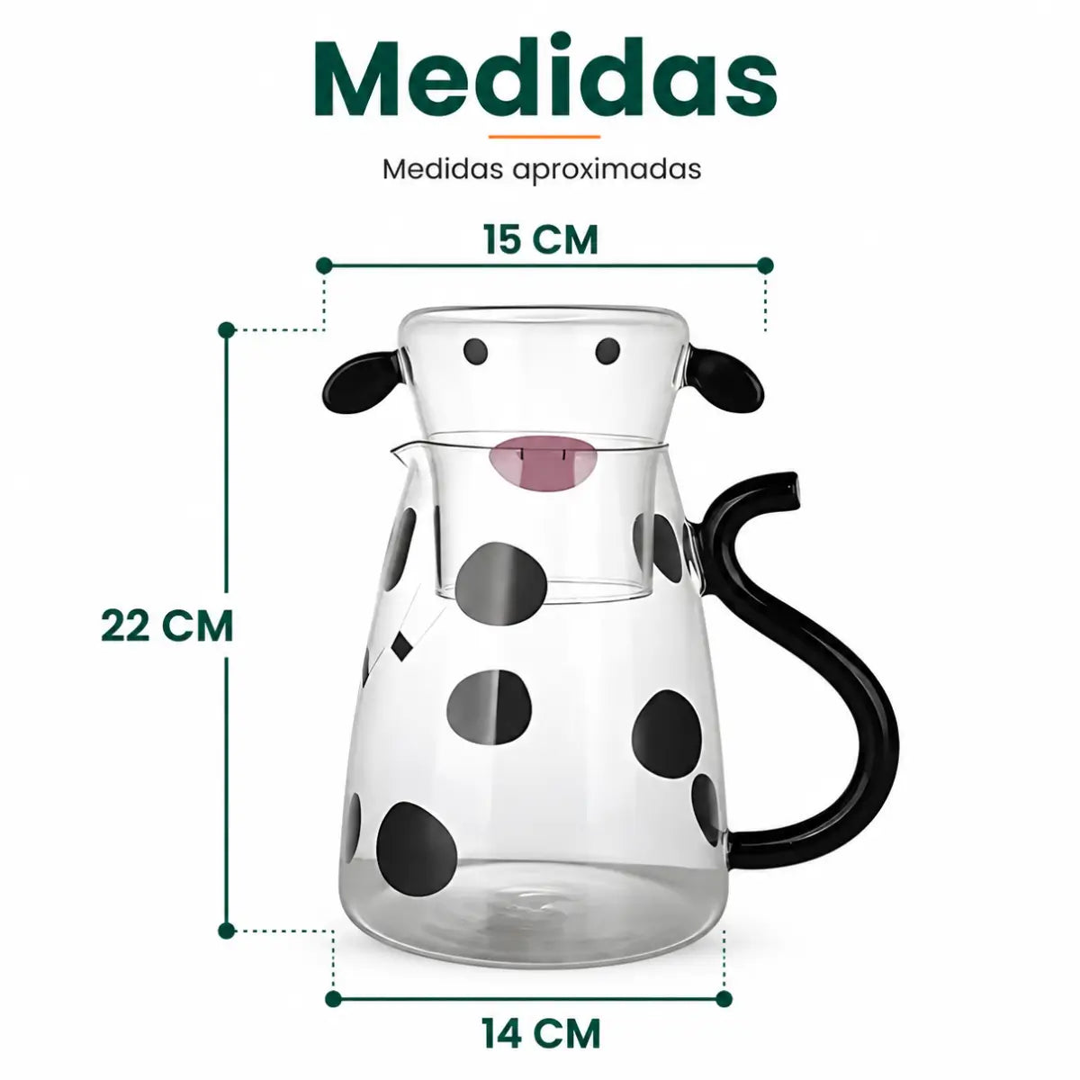 Medidas de la jarra de cristal con diseño de vaca, tapa y asa lateral