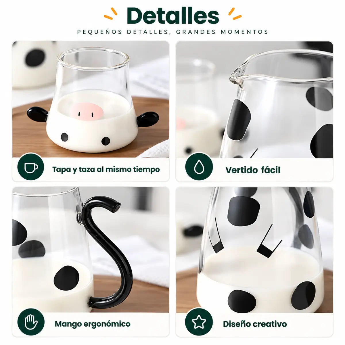 Detalles de la jarra de cristal con manchas negras, asa ergonómica y tapa con diseño de vaca