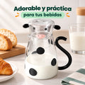 Jarra decorativa con diseño de vaca, asa negra y tapa práctica para bebidas