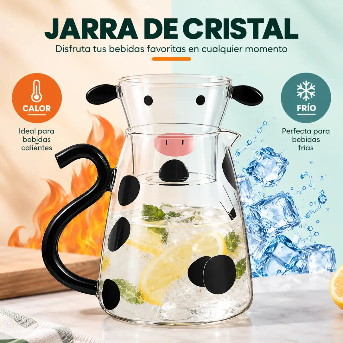 Jarra de cristal transparente con diseño de vaca para servir bebidas frías