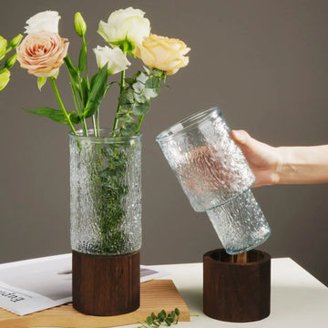 Jarrón de Vidrio con Base de Madera Dalia