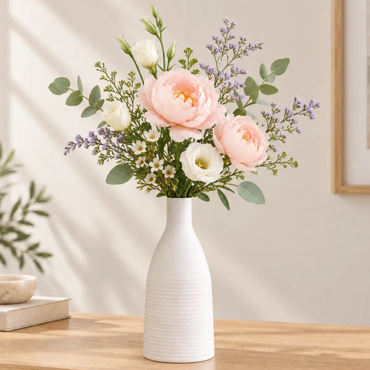 Florero decorativo blanco de cuello estrecho con textura sutil y arreglo de flores rosadas