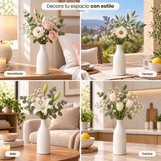 Florero blanco decorativo con diferentes arreglos florales para sala, comedor y otros espacios del hogar