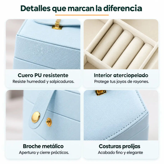 Joyero con acabado tipo cuero PU, interior aterciopelado, broche metálico y costuras reforzadas