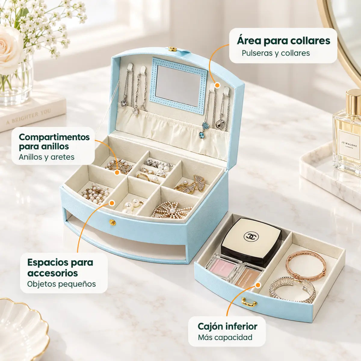 Caja organizadora de joyas con espejo, divisiones internas, espacio para anillos y cajones inferiores