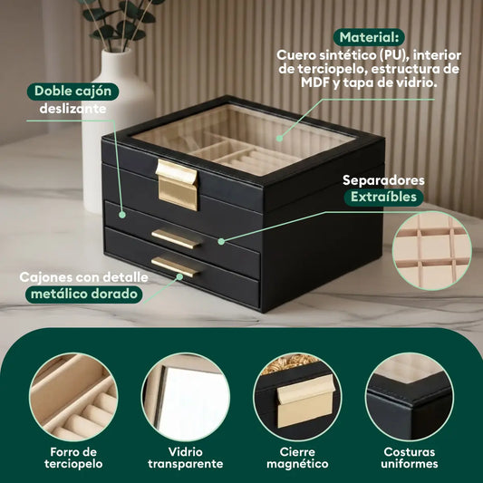 Joyero con espejo y cajones mostrando compartimentos internos para anillos, aretes y accesorios
