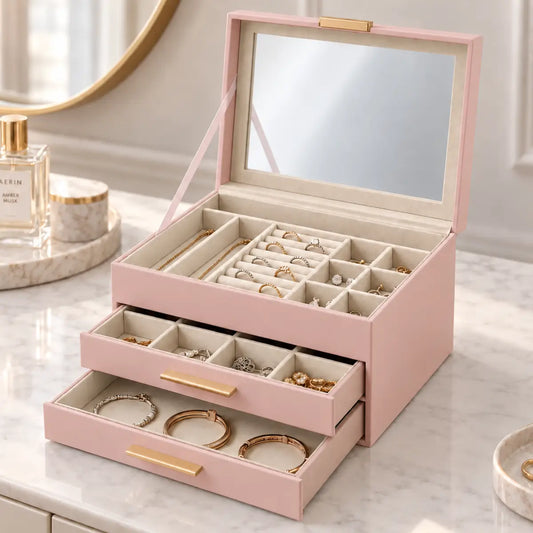 Joyero organizador con espejo, compartimentos y cajones para guardar joyas y accesorios