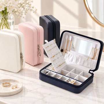 Joyero portátil con espejo y compartimentos para organizar anillos, aretes, collares y accesorios