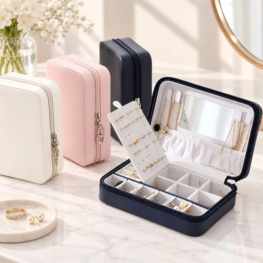 Joyero portátil con espejo y compartimentos para organizar anillos, aretes, collares y accesorios